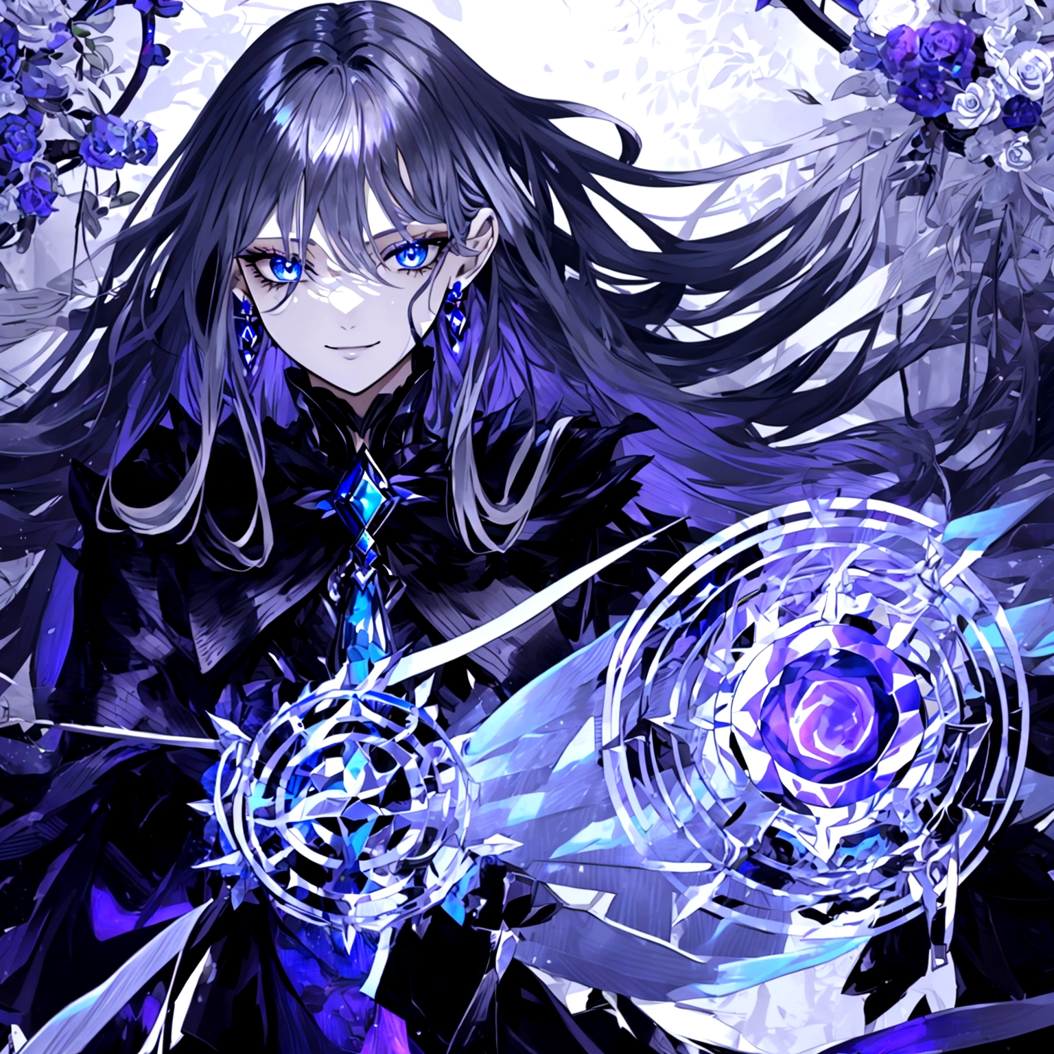 Guy, beautiful facial features, smile, squinted siren dark blue eyes without glare, silver and dark purple long loose hair with straight bang, fantasy black clothes with blue and purple elements, long black gloves, model, gorgeous, elegant, lots of silver jewelry, flowers in his hair