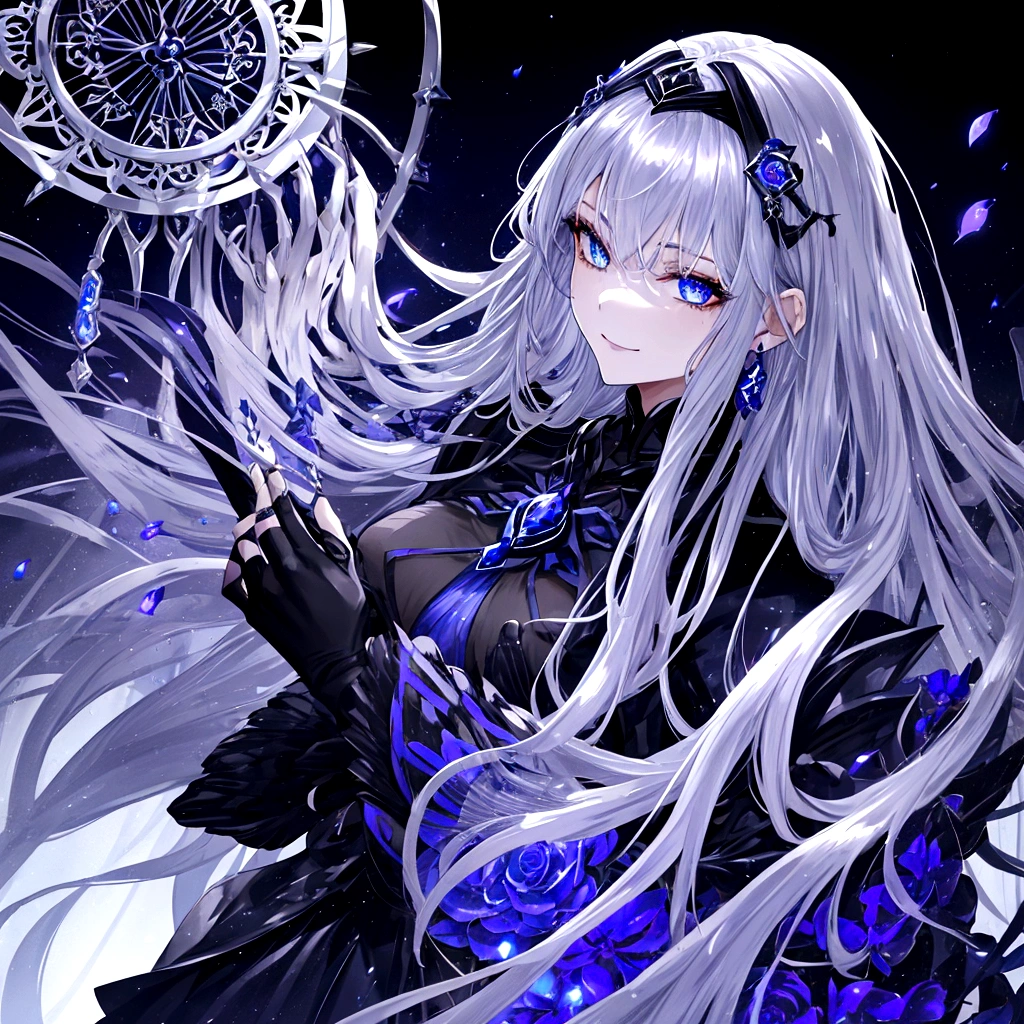 Guy, beautiful facial features, smile, squinted siren dark blue eyes without glare, silver and dark purple long loose hair with straight bang, fantasy black clothes with blue and purple elements, long black gloves, model, gorgeous, elegant, lots of silver jewelry, flowers in his hair