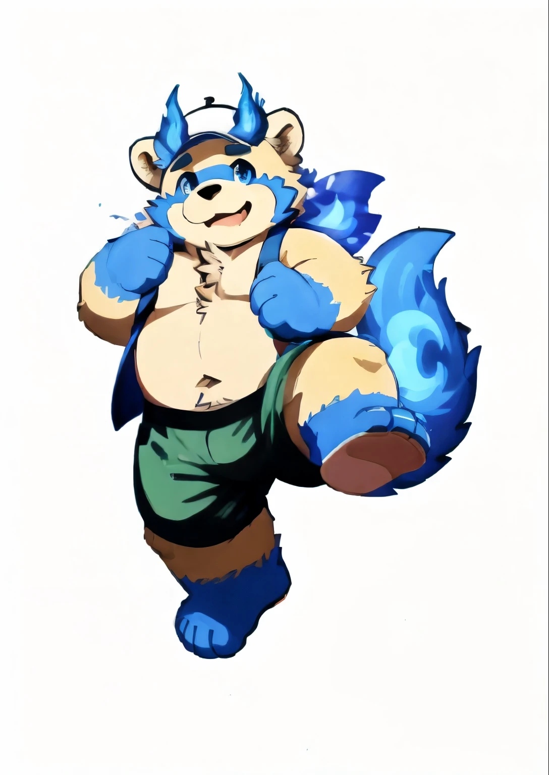 solo, botailang,Cute face, (baseball cap, Wielding Baseball bat) ,(Sideways, sidled), Chubby,(white eyebrows:1.1),(blue eyes),Simple background, Blue Background,print style。(Artist:Takemoto Arashi),blue fire ,blue fire above the eyebrows