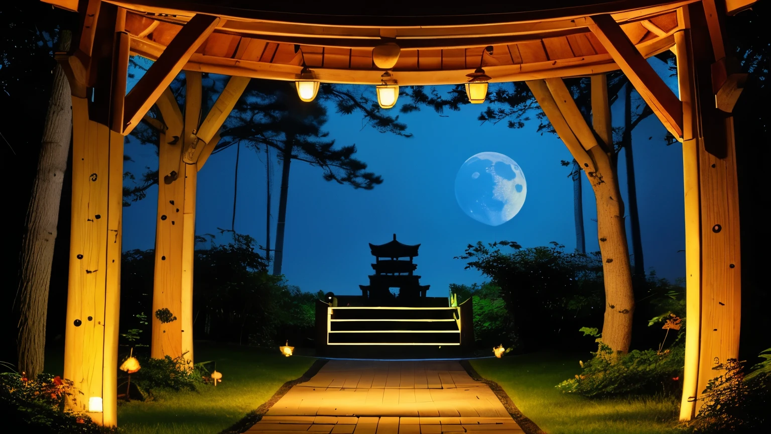 Enchanted forest path leading to a shrine, magical fireflies, moonlight, symbolic fox guide"