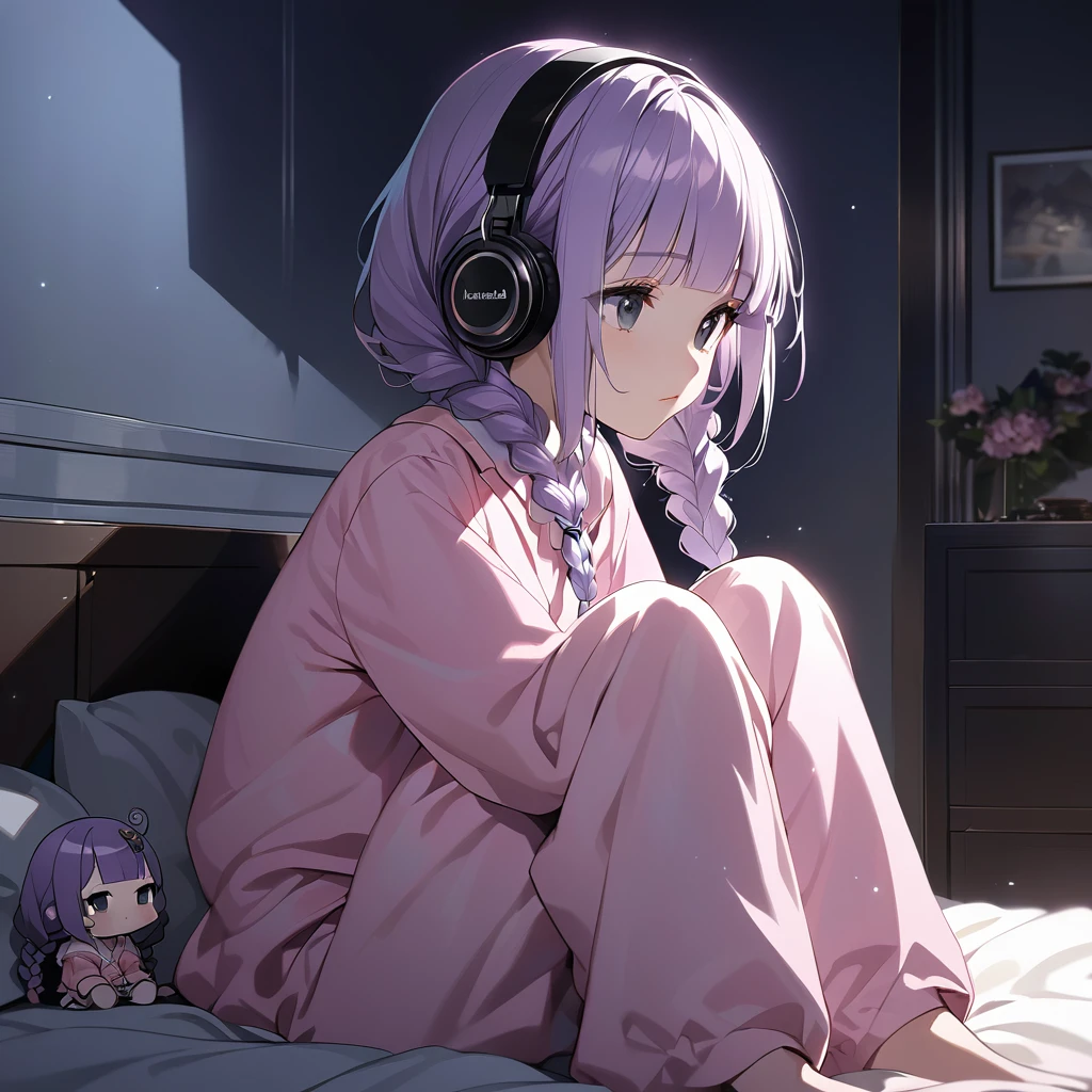 (Cute a girl:1.5), (a chibi girl with closs hair pin, pale purple hair, wavy two braids, blunt bangs hair, green and black eyes,pink pajamas:1.4), anime visual, (tilt head:1.3), realistic lighting and shading, (an extremely delicate and beautiful art:1.3),Bedroom at night, knees hugged on bed, side view, square black headphones, Marshall logo on headphones, looking lonely,