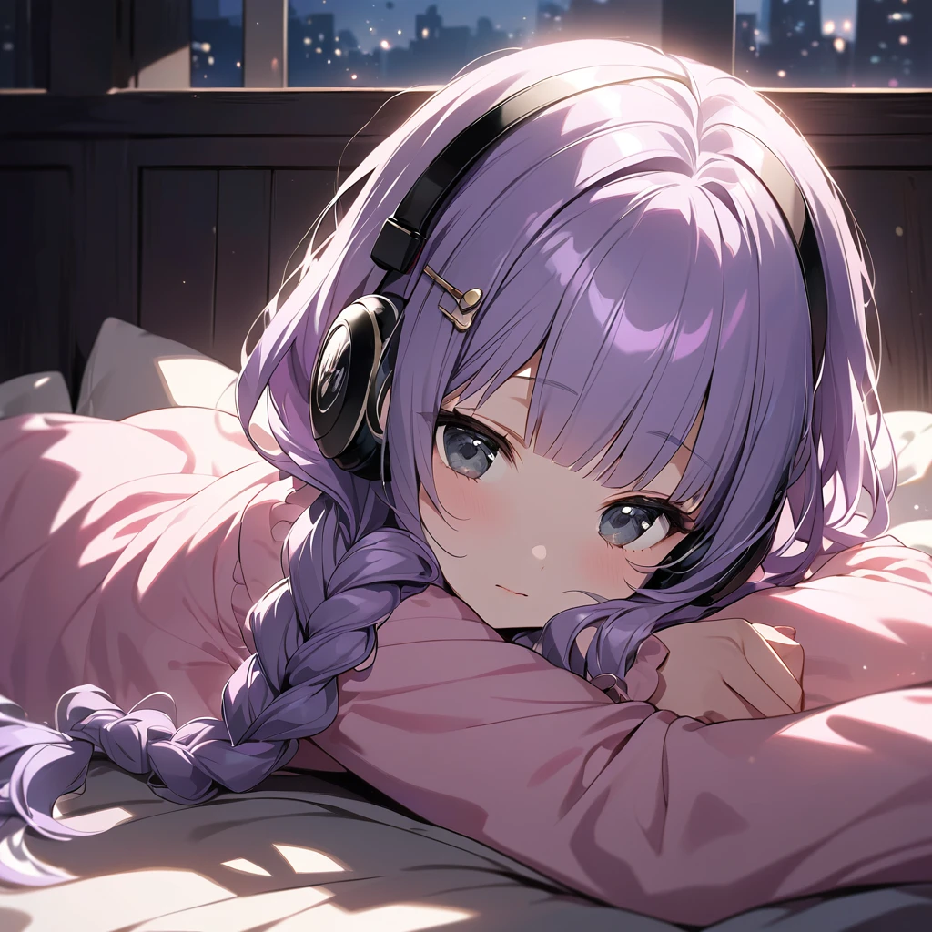 (Cute a girl:1.5), (a chibi girl with closs hair pin, pale purple hair, wavy two braids, blunt bangs hair, green and black eyes,pink pajamas:1.4), anime visual, (tilt head:1.3), realistic lighting and shading, (an extremely delicate and beautiful art:1.3),Bedroom at night, knees hugged on bed, side view, square black headphones, Marshall logo on headphones, looking lonely,