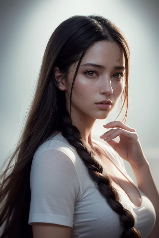 there is a woman with a very long hair and a shirt, cgsociety portrait, character art portrait, closeup character portrait, character portrait art, cinematic realistic portrait, stunning character art, character concept art portrait, realistic digital art 4k, realistic digital art 4 k, character portrait closeup, portrait of lara croft, cinematic bust portrait, beautiful digital artwork, ultra detailed portrait