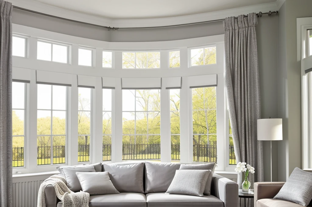 Modern white and gray living room, curtains, television, windows, natural light, garden view