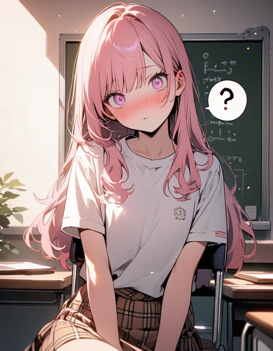 (8K, best quality, master piece: 1.2),madeon,super high resolution,1 cute girl,solo,16yo,ultra-detailed face,detailed eyes,pink eyes,upturned eyes,Sitting in a chair,(head tilt),fold-arms,spoken question mark,Straight hair,Long hair,Smoky pink hair,, short sleeve shirt,Brown skirt in plaid skirt,shocked,nose blush,There is a study desk in front of the girl,rim light,blackboard in front,indoors coaching school