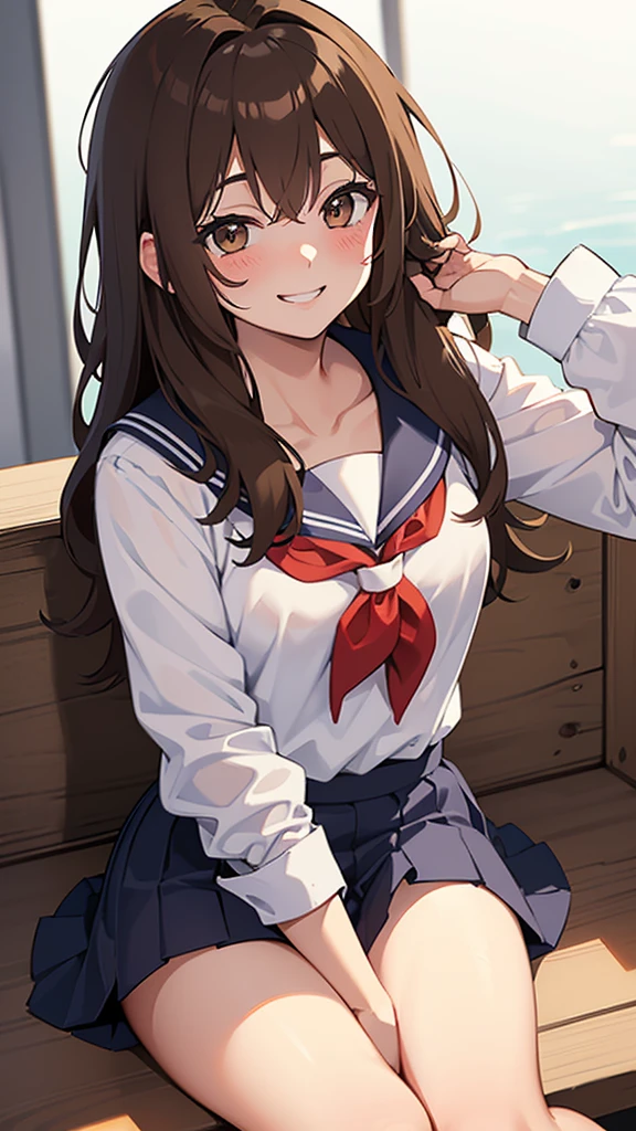 drunk girl ((mischievous smile)) ((messy uniform))((messy school uniform)) ((blushing)) ((sitting)) ((Brown hair)) ((the plan)) ()thin and very not voluptuous body)) ((small breasts)) ((small hips))