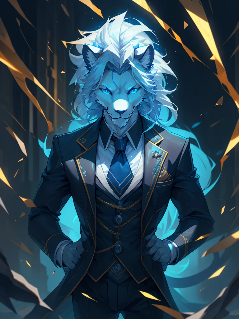 male, furry, Lion anthro, solo, white fur, blue eyes, (Realistic eye details 1.2), business suit wear, V0id3nergy, abs, Masterpiece, dramatic lighting, soft lighting, day, highly detail, Hair coiled