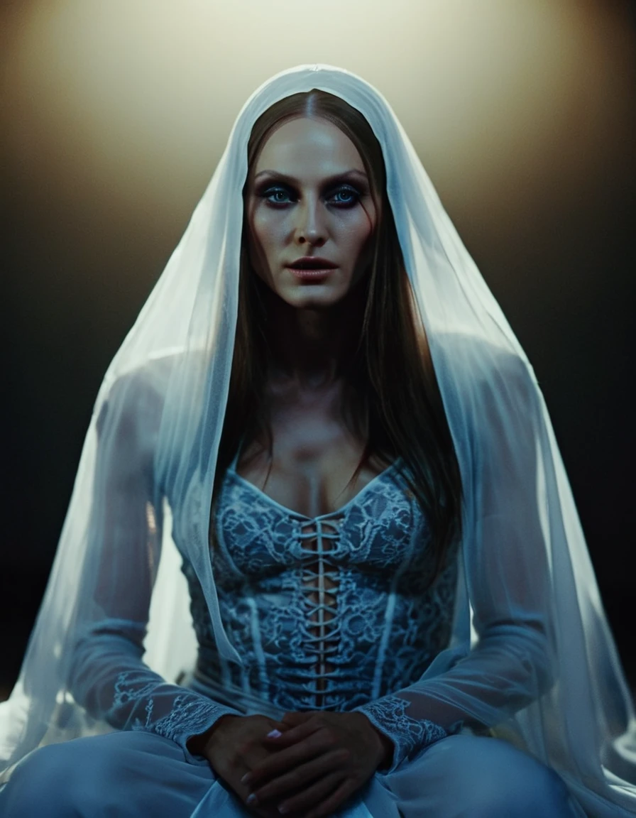 Fashionable of androgynous alien looking witch wearing veil, glowing eyes, beautiful evil slavic muscular woman, pale skin, long hair, minimal details, givenchy, photoreal, 200mm, hd, f/ 2.0, highly detailed, surreal, sitting, light smile, simple white stylish clothes, a slight smiledrop dead, in the style of red and blue, (intricate details, hyperdetailed:1.15) (skin texture:1.2), cinematic, professional, 4k, (((dynamic model pose))), sitting, full body, mesmerizing, dynamic, dramatic, sensual, dynamic pose, highly detailed skin with hair, subcutaneous veins, light and shadow play, highly detailed,24mm photograph, film, bokeh, professional, 4k,