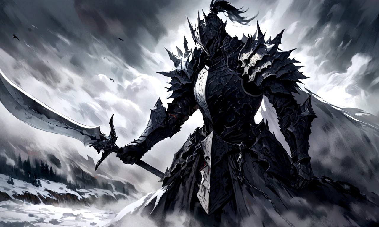 Create an impressionist painting of a spooky warrior knight, snow, Space Ash, Artistic, complicated,fog