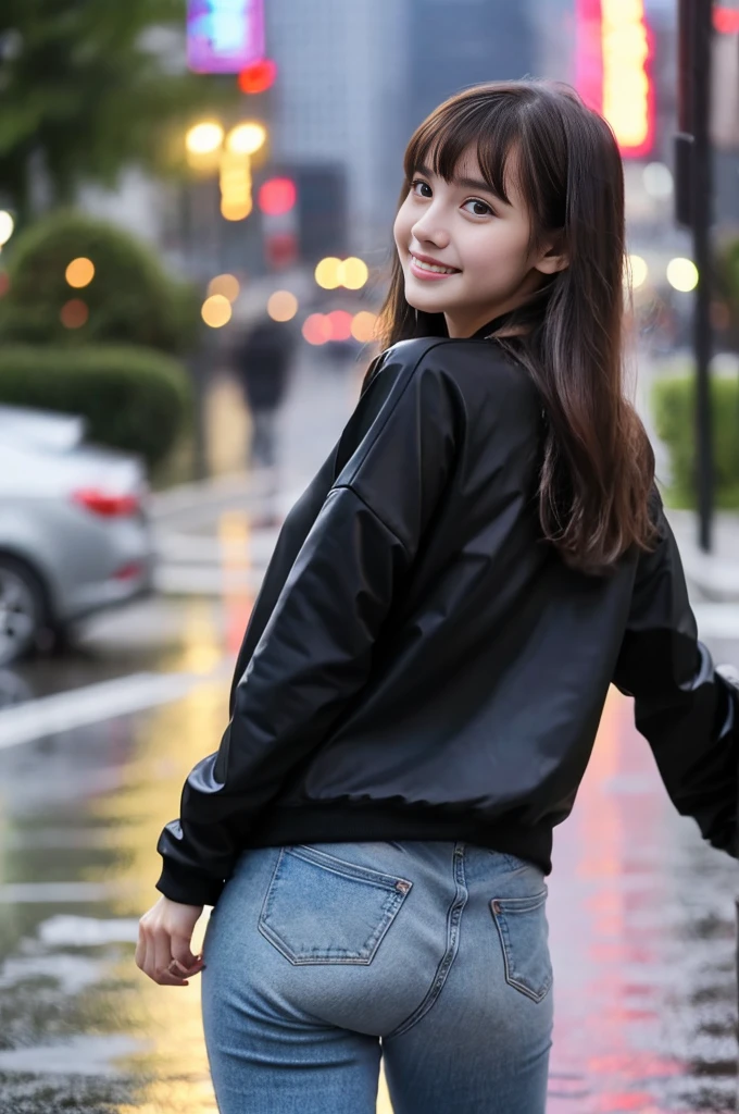 22year old beautiful girl、Highest image quality、realistic、16K、beautiful woman、long hair、With bangs、Pretty slim、heavy rain、While walking through the city in the rain、wet from heavy rain、Full body figure、thin waist、Back view、turn around、Smile a little