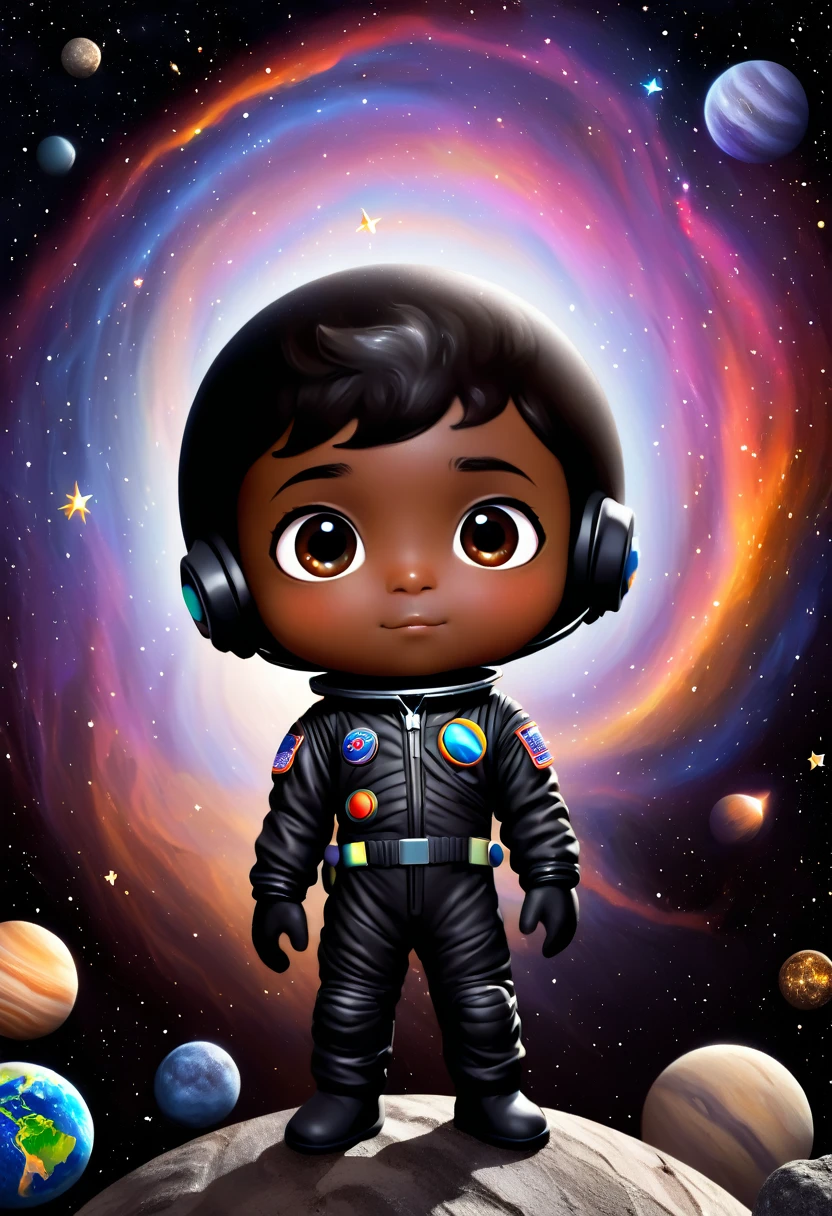 "A young human man, dark-skinned, with an eye in the middle of the forehead, dressed in a black astronaut suit and helmet, standing on top of a small, rocky planet in outer space. Around, there are planets of different sizes and colors, bright stars and several spiral galaxies on dark space background.