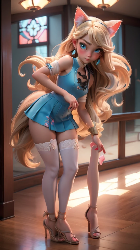 ( girl Full body :1.7)((best qualtiy)), ((tmasterpiece)), (detail:1.4),(-yeld beiful girl:1.6),(in a panoramic view:1.2,full bodyesbian:1.2) (:1.2) Beautiful imag Meerry Roze,, , one-piece swimsuit , cat-shaped headdress, with tween Ponytail blonde hair, blue eyes,, cat tail, Jewelry, Earrings ,make up, blush delicate face, correct hand , stockings,, strappy sandals ,Beautiful and detailed hi- HEELS , wallaper,, beautiful style, beautiful girl , giving you a glimpse of the contours of her skin and breas (Best quality at best high detal,tmasterpiece,offcial art,movie light effect,4K)