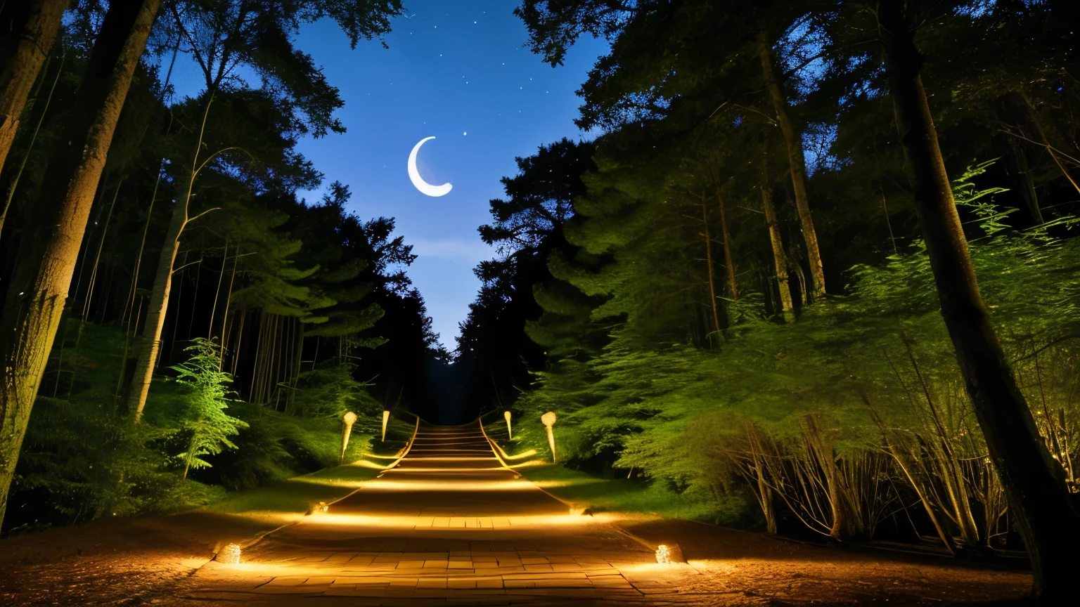 Enchanted forest path leading to a shrine, magical fireflies, moonlight, symbolic fox guide"