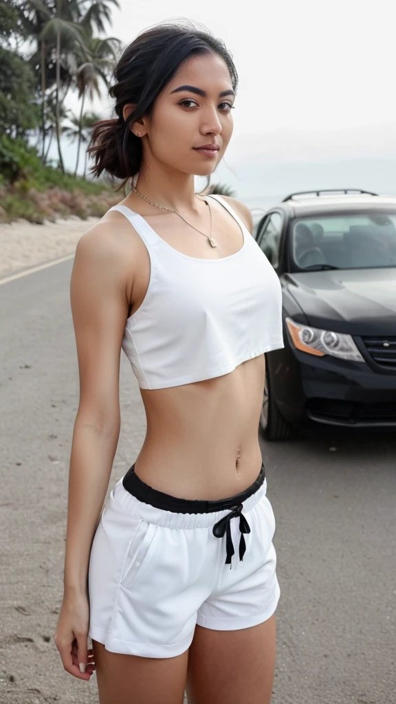 A woman padded bra and shorts saree,on the beach,fair face,round face, angle face, beautiful face, arafed woman in a white tank top and black shorts standing next to a white car, wearing crop top, sporty, wearing a sexy cropped top, croptop and shorts, stylish pose, crop top, candid picture, standing in road, wearing a cropped black tank top, cool looking, with a cool pose, wearing a black cropped tank top, side pose
