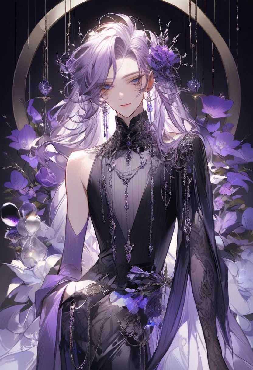 Feminine boy, soft womanish facial features, smile, squinted siren dark blue eyes without glare, silver and dark purple long loose hair with straight bang, fantasy black clothes with blue and purple elements, long black gloves, model, gorgeous, elegant, lots of silver jewelry, flowers in his hair, skinny body, hourglass figure, light lipstick