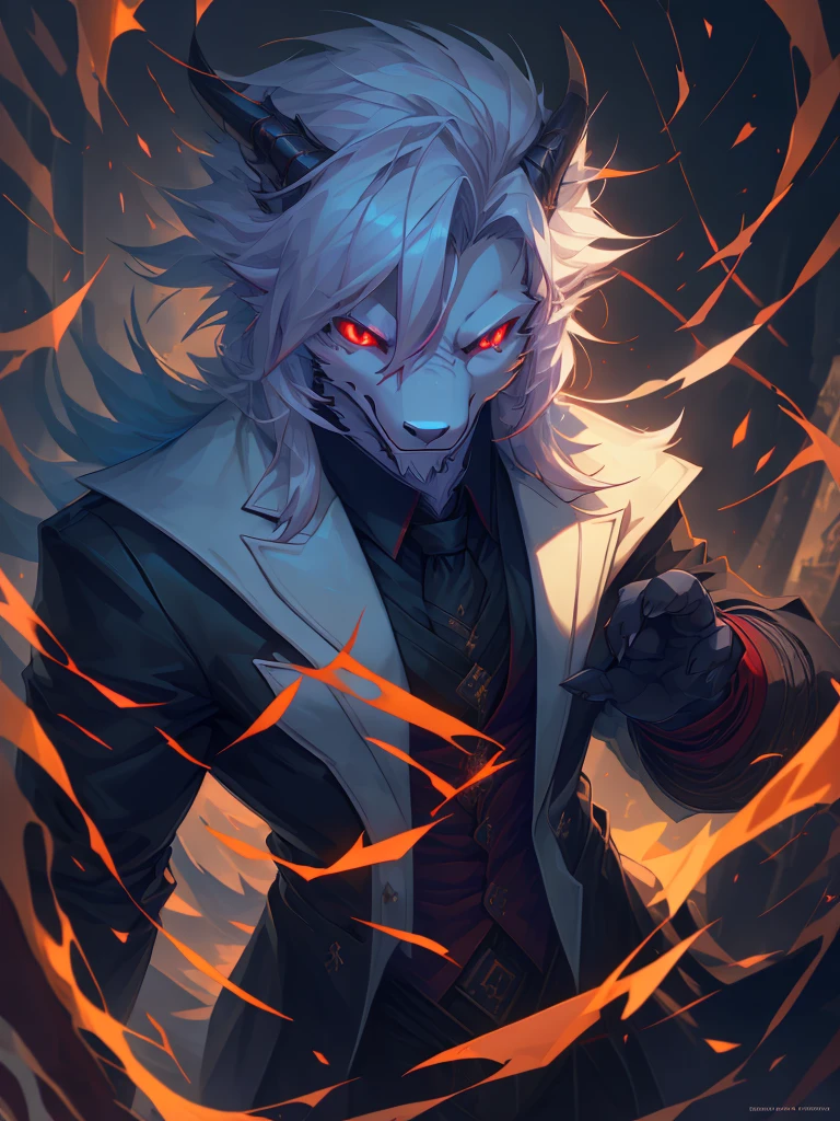 male, furry, Dragon anthro, solo, white fur, Red eyes, (Realistic eye details 1.2), business suit wear, V0id3nergy, abs, Masterpiece, dramatic lighting, soft lighting, day, highly detail, Hair coiled