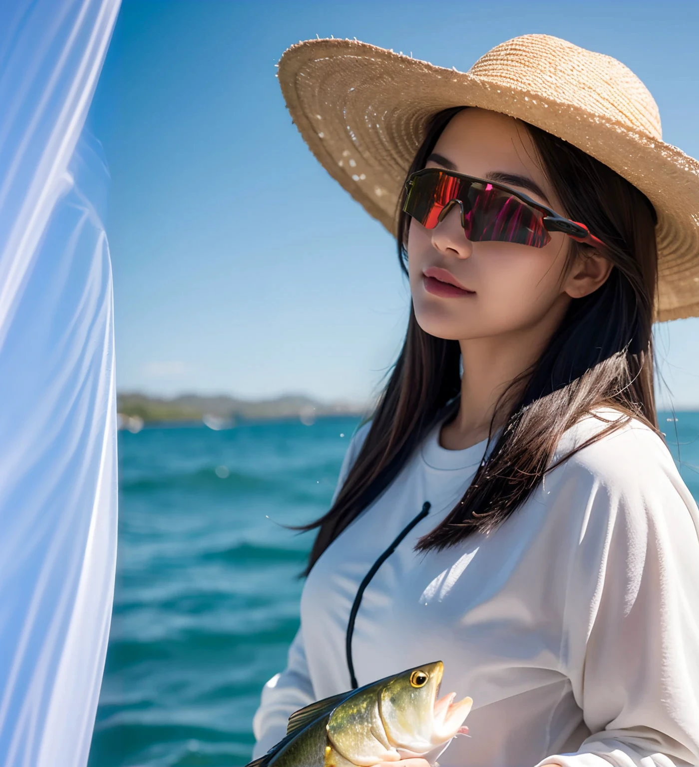 一个美女站在白色的Boat前面，Background of the ocean，Boat，Sunlight，seaside，sun，Blue sky and white clouds