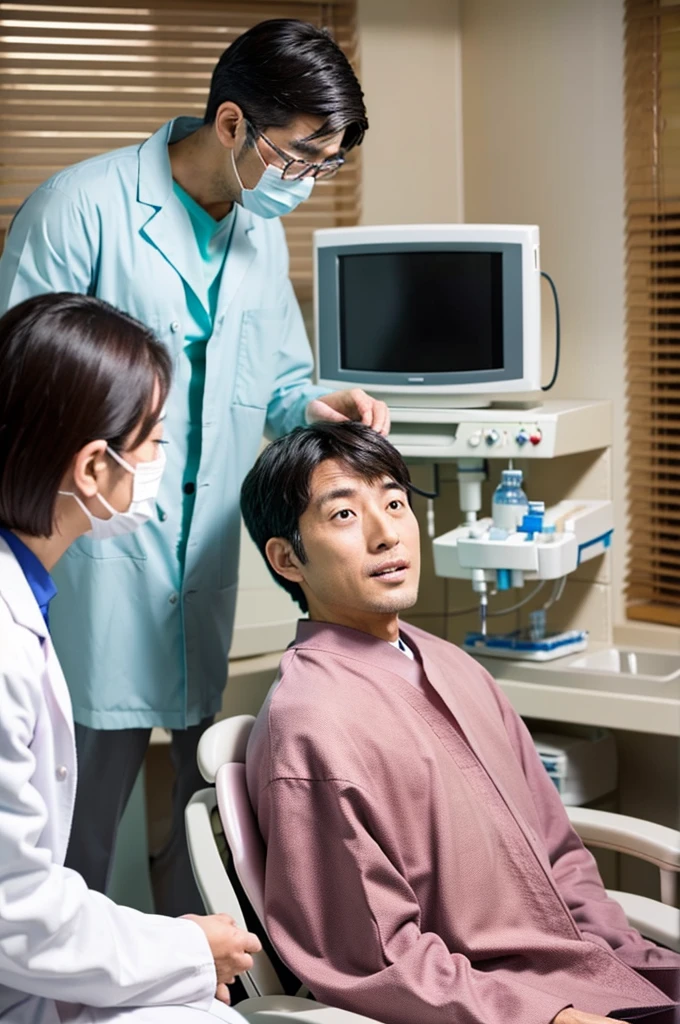 dentist　male　Handsome man in his 30s　Wearing a lab coat　Japanese　Visiting the clinic　Treating a patient The patient is elderly　Scene during treatment　Treatment in a private home　The patient is lying on the bed　患者とdentistの２People only　Patient with mouth open