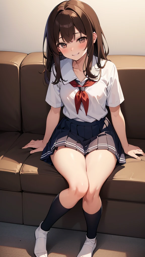 drunk girl ((mischievous smile)) ((messy uniform))((messy school uniform)) ((blushing)) ((sitting)) ((Brown hair)) ((the plan)) ()thin and very not voluptuous body)) ((small breasts)) ((small hips))