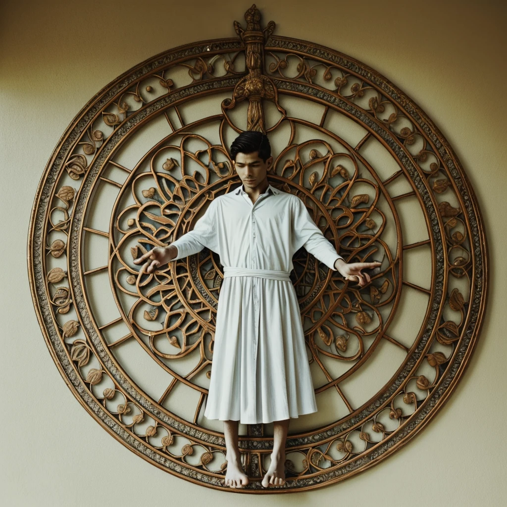 Being masculine but not a solitary human that reflects wisdom and superiority, con conocimiento de oscuridad y light que da peace en balance ante un mundo perdido en maldad
Y arriba de el un símbolo creado que simbolise
Valentia, peace,can,Wisdom, light,darkness and the balance of everything