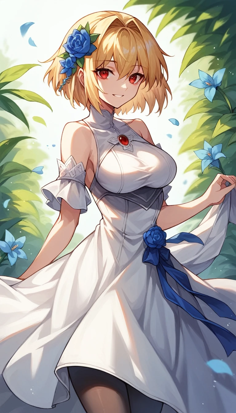 Arcueid,red eyes,short hair, a beautiful female wearing clothes standing with the head up and smiling with a bright blue flower, 1girl, arcueid brunestud, solo, hair ornament, blonde hair, flower, red eyes, short hair, hair flower, pantyhose, dress, white dress, black pantyhose, looking at viewer, bare shoulders, breasts, arcueid \(tsukihime\)