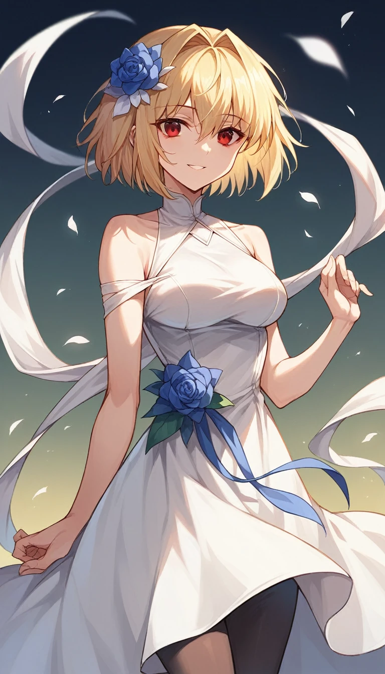 Arcueid,red eyes,short hair, a beautiful female wearing clothes standing with the head up and smiling with a bright blue flower, 1girl, arcueid brunestud, solo, hair ornament, blonde hair, flower, red eyes, short hair, hair flower, pantyhose, dress, white dress, black pantyhose, looking at viewer, bare shoulders, breasts, arcueid \(tsukihime\)