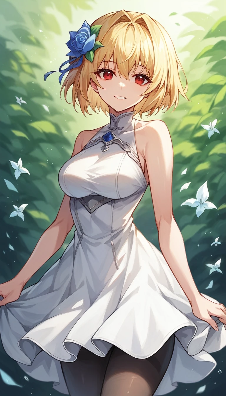 Arcueid,red eyes,short hair, a beautiful female wearing clothes standing with the head up and smiling with a bright blue flower, 1girl, arcueid brunestud, solo, hair ornament, blonde hair, flower, red eyes, short hair, hair flower, pantyhose, dress, white dress, black pantyhose, looking at viewer, bare shoulders, breasts, arcueid \(tsukihime\)