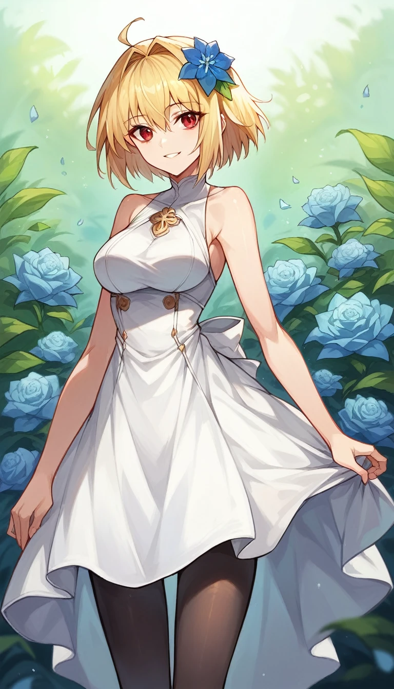 Arcueid,red eyes,short hair, a beautiful female wearing clothes standing with the head up and smiling with a bright blue flower, 1girl, arcueid brunestud, solo, hair ornament, blonde hair, flower, red eyes, short hair, hair flower, pantyhose, dress, white dress, black pantyhose, looking at viewer, bare shoulders, breasts, arcueid \(tsukihime\)