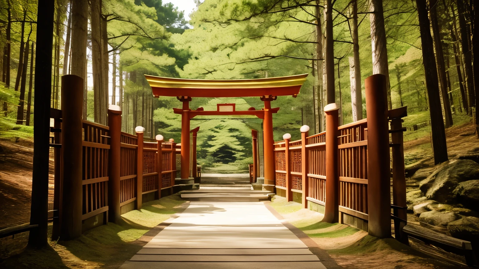 "Traditional torii gate in deep forest, winding stone pathway, ethereal glow, person standing in awe