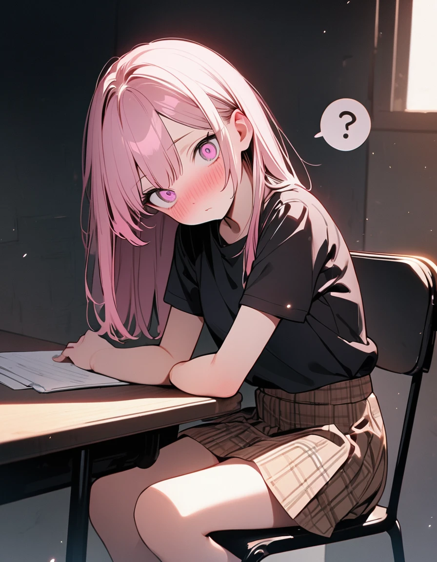 (8K, best quality, master piece: 1.2),madeon,super high resolution,1 cute girl,solo,16yo,ultra-detailed face,detailed eyes,pink eyes,upturned eyes,Sitting in a chair,(head tilt),fold-arms,spoken question mark,Straight hair,Long hair,Smoky pink hair,, short sleeve shirt,Brown skirt in plaid skirt,shocked,nose blush,There is a study desk in front of the girl,rim light,blackboard in front,indoors coaching school