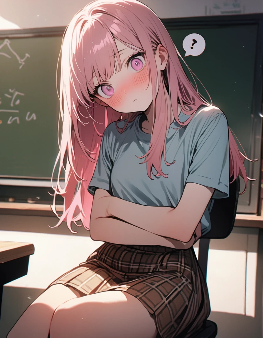 (8K, best quality, master piece: 1.2),madeon,super high resolution,1 cute girl,solo,16yo,ultra-detailed face,detailed eyes,pink eyes,upturned eyes,Sitting in a chair,(head tilt),fold-arms,spoken question mark,Straight hair,Long hair,Smoky pink hair,, short sleeve shirt,Brown skirt in plaid skirt,shocked,nose blush,There is a study desk in front of the girl,rim light,blackboard in front,indoors coaching school