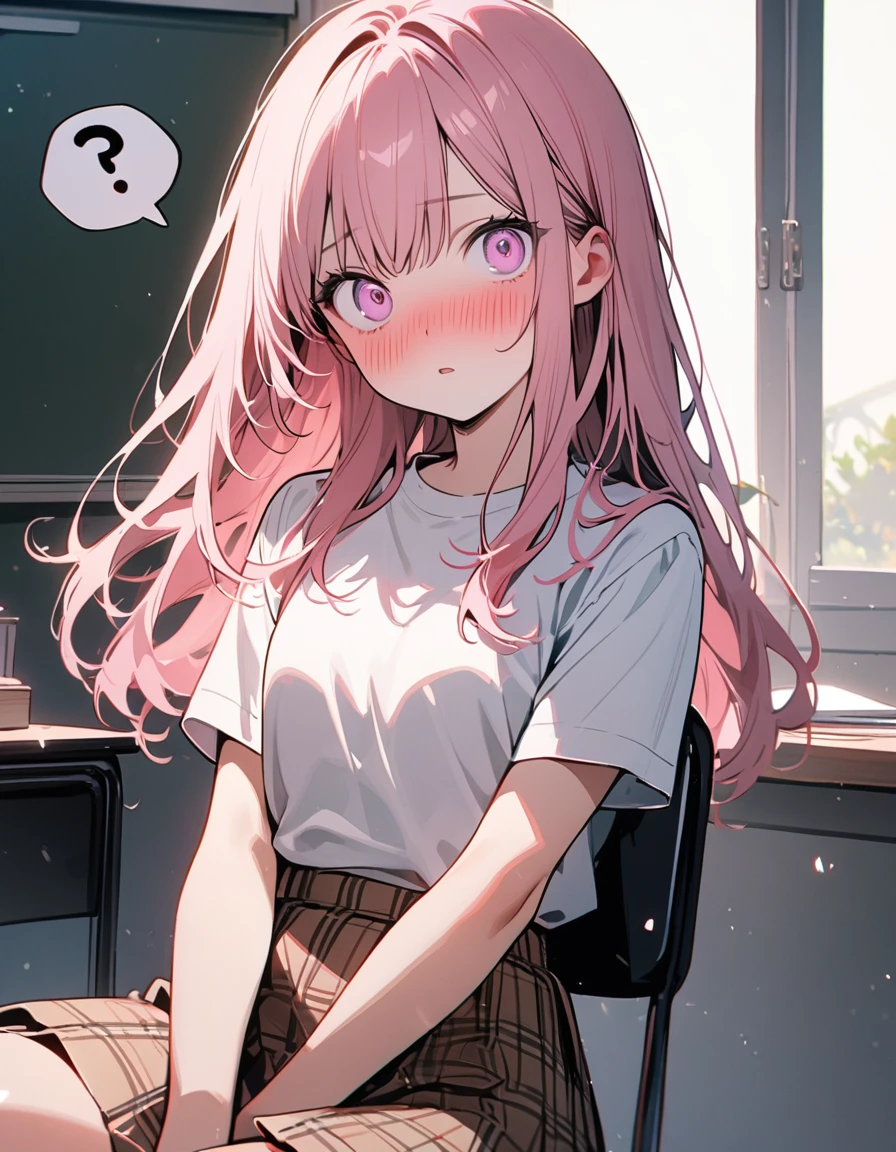 (8K, best quality, master piece: 1.2),super high resolution,1 cute girl,solo,,ultra-detailed face,detailed eyes,pink eyes,upturned eyes,Sitting in a chair,(head tilt),fold-arms,spoken question mark,wavy hair,Long hair,Smoky pink hair,short sleeve white shirt,Brown skirt in plaid skirt,bow,shocked,nose blush,There is a study desk in front of the girl,rim light,blackboard in front,indoors coaching school
