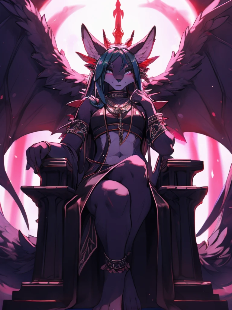 Miku Hatsune, add high definition_detail:1, blue fur,kitsune ears, tribal tattoo add_detail:1, in hell add_detail, barefoot, the same, giant black feather wings add_detail:1 ,alas hermosas la mejor calidad y detail en las flumas, purple saturation light, evil empress, sitting cross legged on a throne of skulls add_detail:1