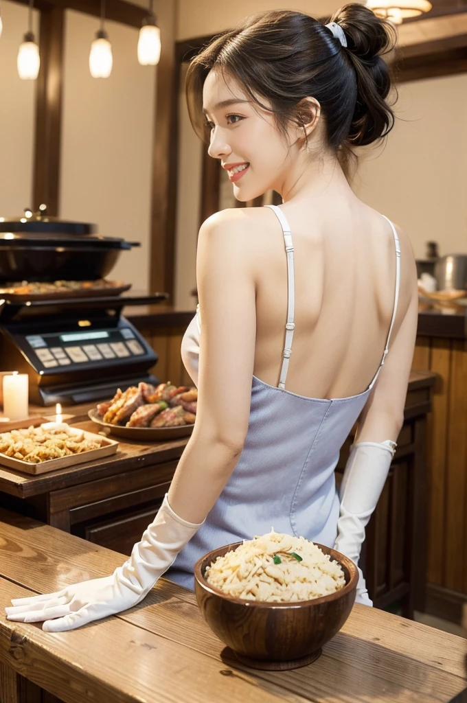 (((best quality))),(((ultra detailed))),(((masterpiece))),illustration,((1 beautiful young girl,solo)),((slim,thin)),((bare back,towering hips,butt crack)),(short ponytail:1.2),(laughing:1.2),stunning, radiant complexion, mesmerizing eyes,((sheer apron,bare arms,bare shoulder)),((gloves:1.3)),frilly, domesticity, playfulness, colorful patches, vegetables, cooking utensils, whimsical,delicate features, gentle smile, perfectly aligned teeth, contentment, warmth, friendliness, vibrant atmosphere, bustling,barbecue restaurant, wooden panels, hanging plants, cozy, earthy feel, scent of sizzling meats, spices, patrons, tables, meals, laughter, lively ambiance, gleaming wooden counter, checkout counter, assortment of bills, receipts, cash register, calm, collected, typing, precision, simplicity, joy, hard work, hospitality, culinary delights,((from back,upper body))