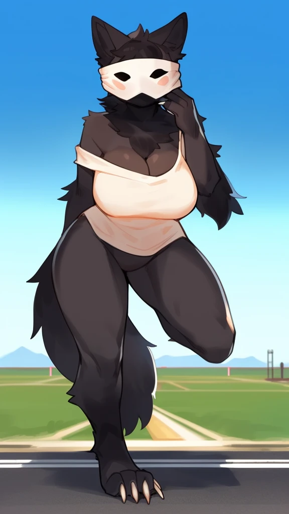  solo, 1girl, furry, full body, ((by bebebebebe)), ((small details:1.2)), ((prefect body structure)), ((amazingly prefect anatomy)), no mistakes, (cinematic lighting), (fluffy full black feral monster), (thick scruffy fur all over body:1.3), humanoid, brutish, ((think long sharp pointy claws)), ((hair monster)), no face, (in a abandoned run down dark trashy big open airport background), apocalyptic, ((runway)), (9 ft tall), (macro), no mask, (huge hips and waist), hour glass figure, (huge breasts:1.0), ((puffy black fur)), poofy fur, neutral, ((long fluffy tail)), fluffy sides, (big cleavage:1.3), tall, ((no face)), (( off shoulder tank top), ((cute mask)), ((detailed simple mask:1.1)), ((irises)), (((covered head to toe in lush messy fur))),