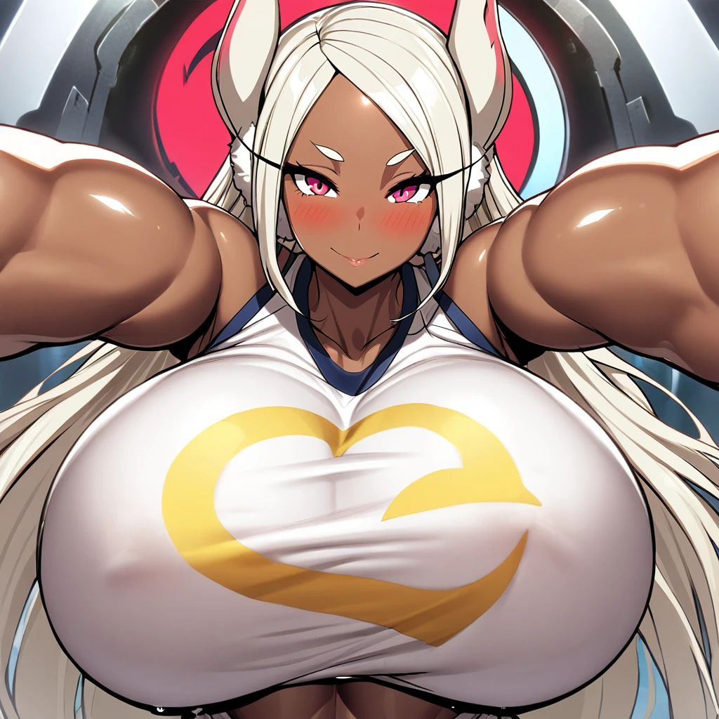mirko,1girl,solo,dark brown skin,Females in heat,blush,super huge breasts,near,looking at viewer,Heart mark
