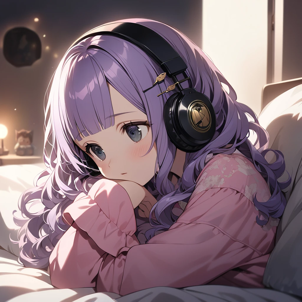 (Cute a girl:1.5), (a chibi girl with closs hair pin, pale purple hair, wavy hair, blunt bangs hair, green and black eyes,pink pajamas:1.4), anime visual, (tilt head:1.3), realistic lighting and shading, (an extremely delicate and beautiful art:1.3),Bedroom at night, knees hugged on bed, side view, square black headphones, Marshall logo on headphones, looking lonely,