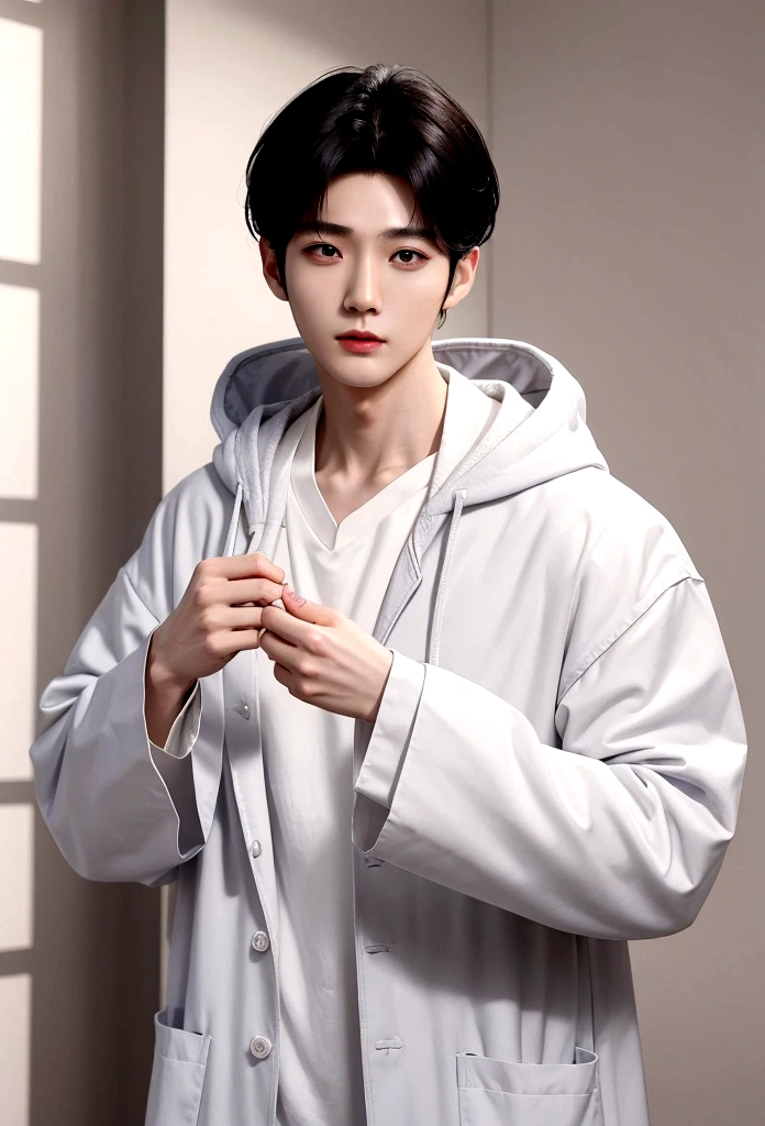 ((OK Sign)),(Fair skin),(know),Iris,(Gender: Natural Face),(Japanese),long body,handsome young asian man, Japanese idol style, short clean-cut hair, ((center part)), white lab coat, black hoodie underneath, calm confident expression, hands in lab coat pockets, plain white background, portrait, high quality, detailed, 8K, Shin Jinyoung, , Won Bin Lee, Inspired by Zhang Han