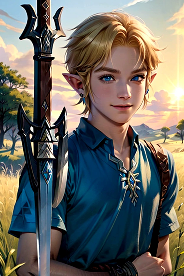 ((artwork)), (Highest quality), (detailed), ((1 boy)), (Link to the Legend of Zelda), smile, A boy with short blond hair and blue eyes is holding a sword、grassland、Beautiful sky、Sunset