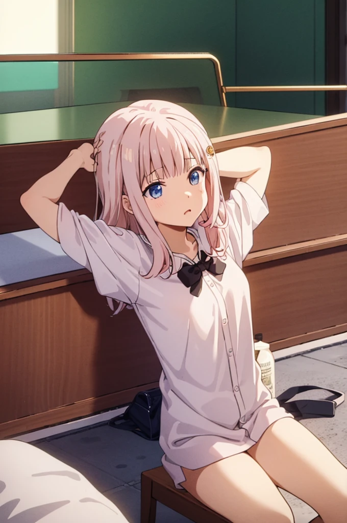 {{{best quality}}}, {{{masterpiece}}}, {{{detailed}}}, {{{perfect face}}}, {{{Undressing}}}, half naked pussy, nipple, spread legs, Chika, pink hair, , classroom