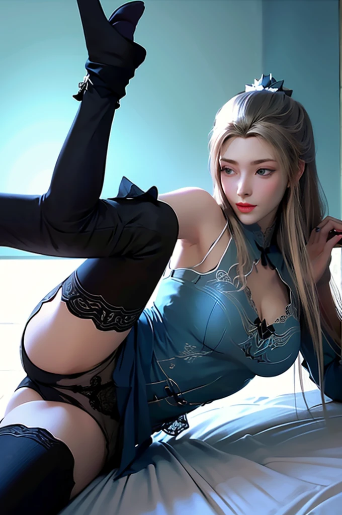 (dim lit:1) (blue light theme:1.1), , ( sweat, blush:1), (at night:1),(medium breasts),
(30-year- old norwegian beautiful slender woman supermodel),(tall woman, long legs:1.5),, (long thick wavy light blonde hair:1.3), (thick amazing hair),(seductive:1.1), (blushing:1), seductive look, full lips,beautiful detailed face,,(attractive young woman:1.3),(wide jaw sharp jawline),(blue perfect eyes:1.3), (perfect oval large eyes that gazes at the viewer),
, (wearing black lace underwear, lying in a ragged bed:1.3), (seductive pose, cleavage, sexual, nsfw), (wearing black panties:1.4),
, (From behind, highlighting the back of the subject and their environment),(Sleepy, Drooping eyelids, half-closed eyes, and a slightly dazed expression.),,(raised leg invitation, thighhighs:1.3)