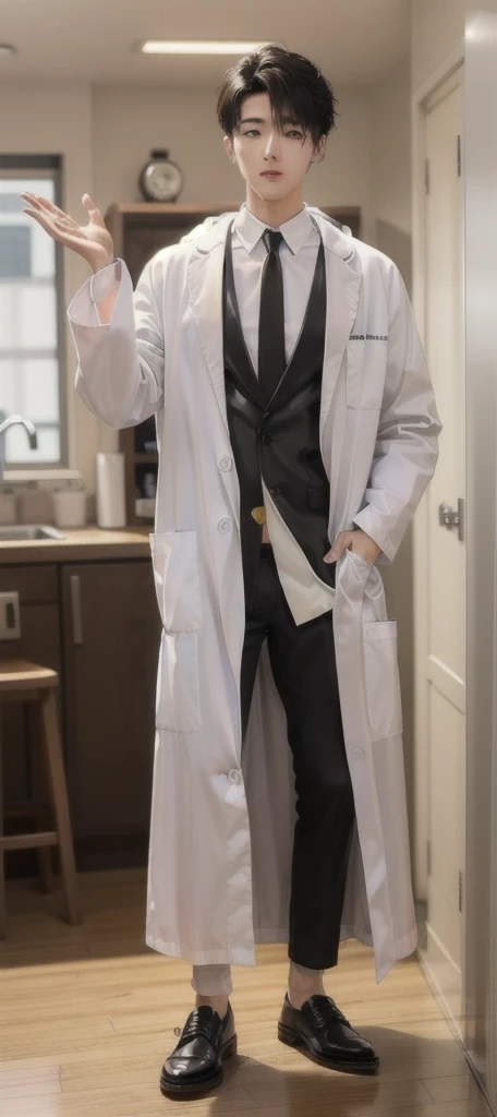 (Fair skin),((white lab coat)), (black hoodie underneath),Iris,(gender: Natural Face),(Japanese),(leather shoes),long body,handsome young asian man, Japanese idol style, short clean-cut hair, (center part), calm confident expression, hands in lab coat pockets, plain white background, portrait, high quality, detailed, 8K