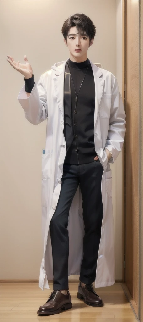(Fair skin),((white lab coat)), (black hoodie underneath),Iris,(gender: Natural Face),(Japanese),(leather shoes),long body,handsome young asian man, Japanese idol style, short clean-cut hair, (center part), calm confident expression, hands in lab coat pockets, plain white background, portrait, high quality, detailed, 8K