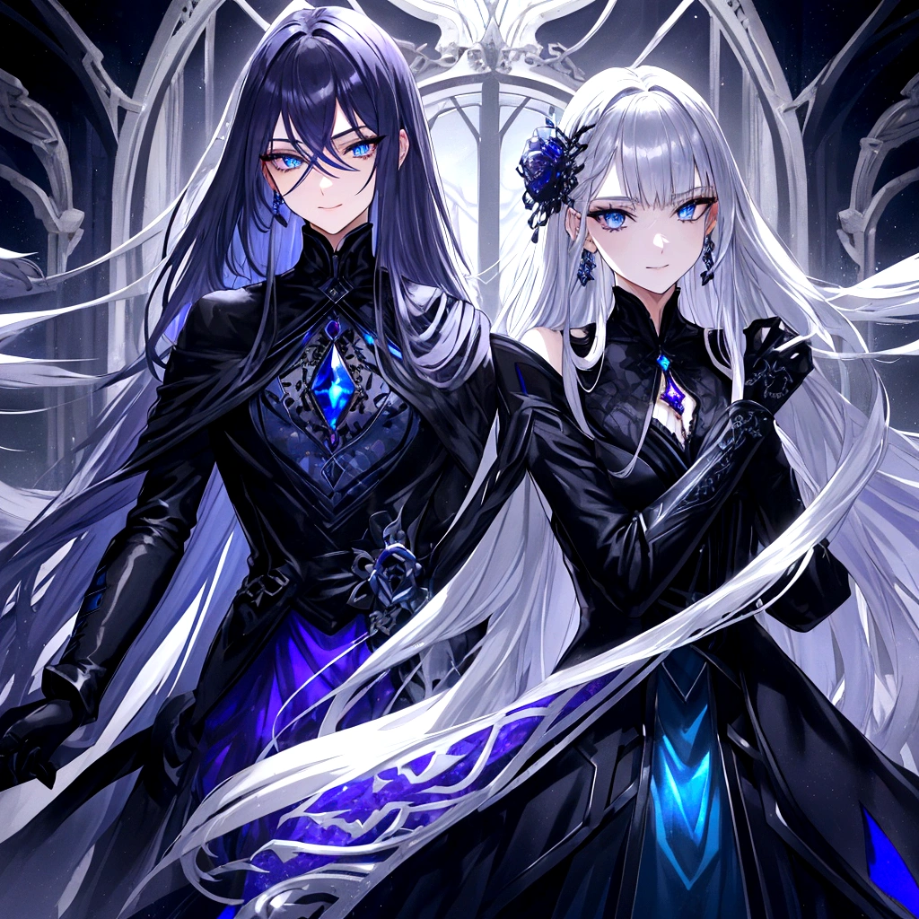 Guy, beautiful facial features, smile, squinted siren dark blue eyes without glare, silver and dark purple long loose hair with straight bang, fantasy black clothes with blue and purple elements, long black gloves, model, gorgeous, elegant, lots of silver jewelry, flowers in his hair