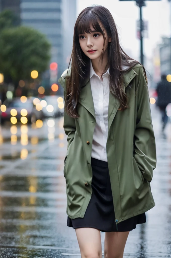 22year old beautiful girl、Highest image quality、realistic、16K、beautiful woman、long hair、With bangs、Pretty slim、heavy rain、While walking through the city in the rain、wet from heavy rain、Full body figure、白のレースドレス、Look up at the sky