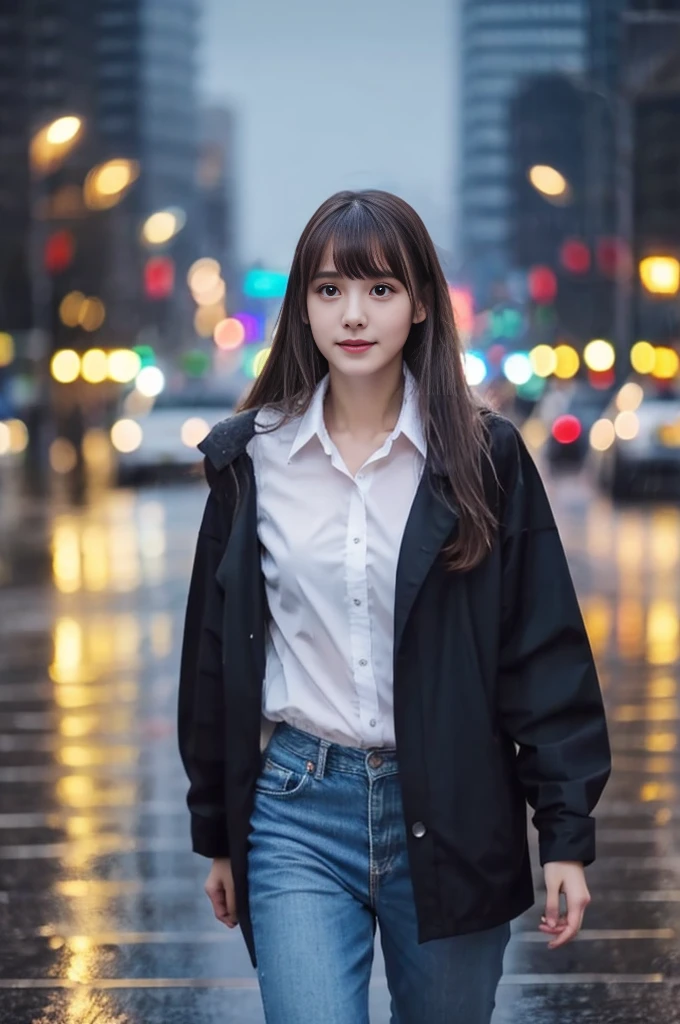 22year old beautiful girl、Highest image quality、realistic、16K、beautiful woman、long hair、With bangs、Pretty slim、heavy rain、While walking through the city in the rain、wet from heavy rain、Full body figure、白のレースドレス、Look up at the sky