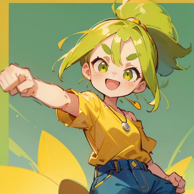 (masterpiece, Highest quality:1.2), (2 head body chibi character:1.1), Yellow-green hair, Ponytail Hair, Top of the head, Yellow-green eyes, Wink, Yellow off-shoulder blouse, Denim shorts, Short bangs, Thick eyebrows, Round necklace, A lively atmosphere, smile, fist pump, View your viewers, (Photo studio with blue background:1.0)