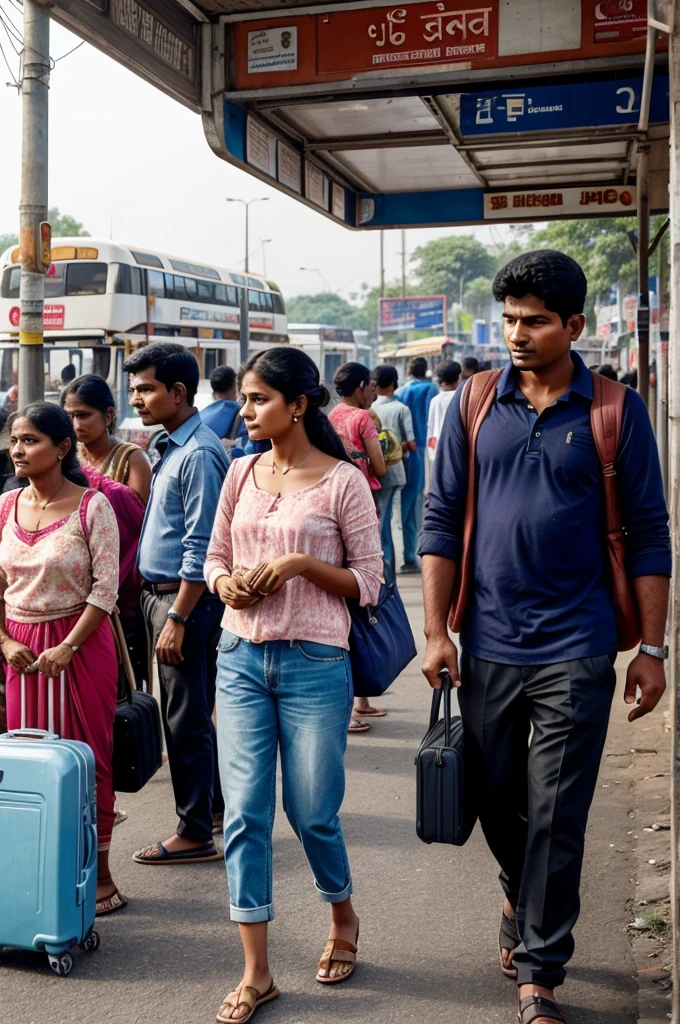 Create an image of a crowded bus stand in India with many buses and local stalls. Four people are crossing the road in a queue:
1. A 50-year-old man in casual clothes, holding a luggage bag.
2. A 25-year-old man in formal clothes, tucked in.
3. A 20-year-old woman in a chudidar, with a small luggage bag on her shoulder.
4. An 18-year-old boy in casual clothes, holding his deceased mother's ashes in both hands.