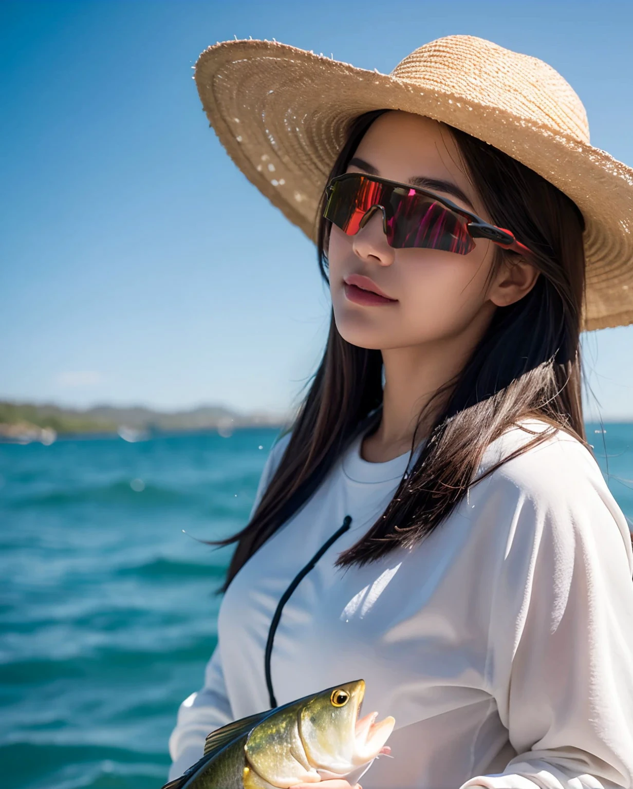 一个美女站在白色的Boat前面，Background of the ocean，Boat，Sunlight，seaside，sun，Blue sky and white clouds