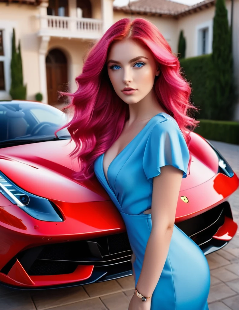 very attractive 25 year old girl with long wavy bright pink hair, (best quality)), (masterpiece), (detailed), (full body shot)) Beautiful, stunning, long hair, green eyes, gorgeous, stunning adult 25yo woman, cleavage, slender legs, soft features, tight white dress, jimmy choo heels, award winning photography, posing next to a aston martin db5 (dramatic lighting), fashion, realistic skin texture, ((perfect anatomy)), (perfect proportion), (realistic photo), clear complexion and striking appearance. Arched eyebrows, expressive eyes. Eyeliner accentuating her bright eyes, vibrant lipstick